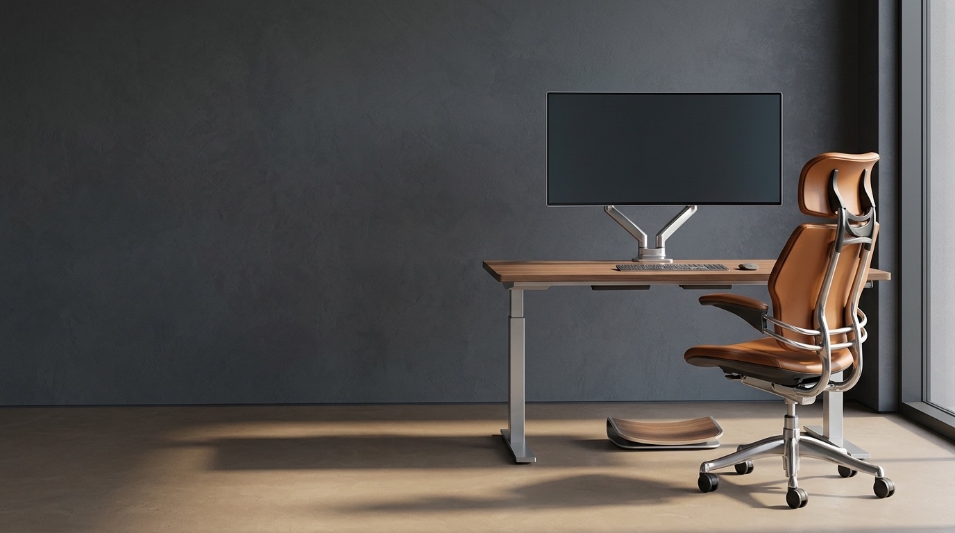 Humanscale ergonomic workspace featuring the Freedom Headrest chair, Float sit-stand desk, M-Series monitor arm with display, keyboard, mouse, and ergonomic foot support